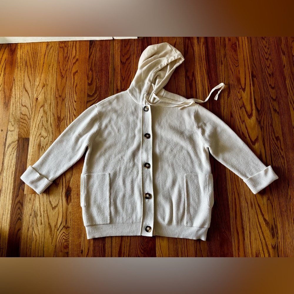 Mango Cream Ribbed Knit Hoodie Cardigan - Small